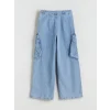 LCW Kids İndigo Beli Ayarlanabilir Lastikli Kız Çocuk Kargo Jean Pantolon