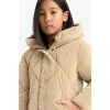 Defacto A0839A8BG203 Bej Kız Çocuk Kapüşonlu Fermuarlı Çıtçıtlı Kapitoneli Mont