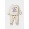 Defacto F0559A5ER42 Ekru Kız Bebek 2li Takım İçi Yumuşak Tüylü Baskılı Sweatshirt Eşofman Altı