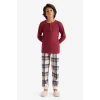 Defacto F1895A8BR281 Bordo Erkek Çocuk Pijama Takımı Waffle Uzun Kollu Üst Kareli Uzun Alt