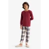 Defacto F1895A8BR281 Bordo Erkek Çocuk Pijama Takımı Waffle Uzun Kollu Üst Kareli Uzun Alt