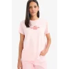 Defacto F2092 Pembe Relax Fit Bisiklet Yaka Baskılı Penye Kısa Kollu Tişört