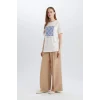 Defacto E1163 Ekru  Regular Fit Bisiklet Yaka Etnik Desenli Kısa Kollu Tişört
