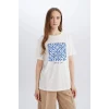 Defacto E1163 Ekru  Regular Fit Bisiklet Yaka Etnik Desenli Kısa Kollu Tişört