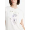 Defacto F5098 Ekru Bisiklet Yaka Çiçek Baskılı Kısa Kollu Tişört