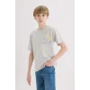 Defacto E0104 Gri Erkek Çocuk Bisiklet Yaka Sırt Baskılı Kısa Kollu Tişört