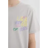 Defacto E0104 Gri Erkek Çocuk Bisiklet Yaka Sırt Baskılı Kısa Kollu Tişört