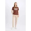 Defacto E5232 Kahve Regular Fit Bisiklet Yaka Baskılı Kısa Kollu Tişört