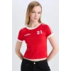 Defacto E0332 Kırmızı Coool Fitted Baskılı Ribana Kısa Kollu Tişört