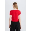 Defacto E0332 Kırmızı Coool Fitted Baskılı Ribana Kısa Kollu Tişört