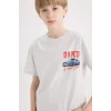 Defacto D9266 Gri Erkek Çocuk Bisiklet Yaka Sırt Baskılı Kısa Kollu Tişört
