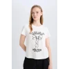 Defacto E0629 Beyaz Coool Regular Fit Bisiklet Yaka Baskılı Kısa Kollu Tişört
