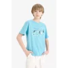 Defacto F0168 Turkuaz Erkek Çocuk Bisiklet Yaka Baskılı Kısa Kollu Tişört