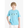 Defacto F0168 Turkuaz Erkek Çocuk Bisiklet Yaka Baskılı Kısa Kollu Tişört