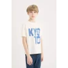 Defacto D9258 Ekru Erkek Çocuk Bisiklet Yaka Baskılı Kısa Kollu Tişört