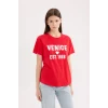 Defacto D9604 Kırmızı Regular Fit Bisiklet Yaka Baskılı Kısa Kollu Tişört