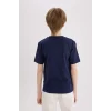 Defacto E0172 Lacivert Erkek Çocuk Bisiklet Yaka Baskılı Kısa Kollu Tişört