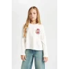 Defacto D4270 Ekru Kız Çocuk Relax Fit Bisiklet Yaka Baskılı Uzun Kollu Okul Tişörtü