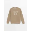 LCWAIKIKI Classic Bej Bisiklet Yaka Baskılı Erkek Kalın Sweatshirt