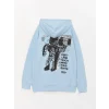 XSIDE Mavi Uzun Kollu Baskılı Erkek Kalın Hoodie