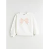 LCW Kids Ekru Bisiklet Yaka Fiyonk Baskılı Kız Çocuk Sweatshirt