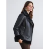 LCW Vision Siyah Biker Yaka Kadın Deri Görünümlü Mont