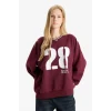 Defacto E8793AXBR467 Bordo Coool Oversize Geniş Kalıp V Yaka Baskılı Kalın Sweatshirt