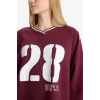 Defacto E8793AXBR467 Bordo Coool Oversize Geniş Kalıp V Yaka Baskılı Kalın Sweatshirt