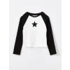 LCW Kids Siyah Bisiklet Yaka Nakışlı Uzun Kollu Kız Çocuk Tişört