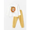 LCW Kids Ekru Bisiklet Yaka Uzun Kollu Baskılı Erkek Bebek Tişört ve Pantolon 2li Takım