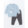 LCW baby Mavi Bisiklet Yaka Baskılı Erkek Bebek Sweatshirt ve Eşofman Alt 2li Takım