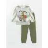 LCW Kids Ekru Bisiklet Yaka Uzun Kollu Baskılı Erkek Bebek Pijama Takımı