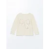 LCW Kids Bej Bisiklet Yaka Uzun Kollu Baskılı Kız Çocuk Tişört
