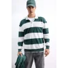 Defacto F0857AXGN536 Yeşil Boxy Fit Rahat Kesim Polo Yaka Düğmeli Çizgili Sweatshirt