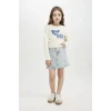 Defacto D2987A8ER99 Ekru Kız Çocuk Cropped Fit Bisiklet Yaka Baskılı Ribana Uzun Kollu Tişört