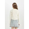 Defacto D2987A8ER99 Ekru Kız Çocuk Cropped Fit Bisiklet Yaka Baskılı Ribana Uzun Kollu Tişört