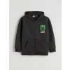LCW Kids Antrasit Kapüşonlu Minecraft Baskılı Erkek Çocuk Fermuarlı Sweatshirt