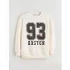 XSIDE Bej Boston Baskılı Oversize Kadın Kalın Sweatshirt