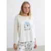 LCW DREAM Ekru Bisiklet Yaka Yılbaşı Temalı Kadın Pijama Takımı