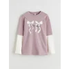 LCW Kids Lila Bisiklet Yaka Fiyonk Baskılı Kız Çocuk Tişört