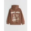 LCW Kids Kahverengi Kapüşonlu Sırt Baskılı Kız Çocuk Sweatshirt
