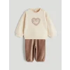 LCW baby Bej Kız Bebek Baskılı Sweatshirt ve Kadife Pantolon 2li