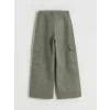 LCW Kids Haki Geniş Paça Gabardin Kız Çocuk Kargo Pantolon