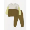 LCW baby Haki Bisiklet Yaka Uzun Baskılı Erkek Bebek Sweatshirt ve Pantolon 2li Takım