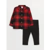 LCW baby Kırmızı Ekose Desenli Uzun Kollu Erkek Bebek Gömlek ve Pantolon 2li Takım