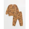 LCW baby Kahverengi Bisiklet Yaka Baskılı Erkek Bebek Sweatshirt ve Eşofman Alt 2li