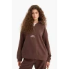 Defacto Y2649AZBN258 Kahve Oversize Geniş Kalıp Dik Yaka Fermuarlı Baskılı Polar Sweatshirt