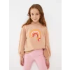 LCW Kids Bej Bisiklet Yaka Baskılı Uzun Kollu Kız Çocuk Sweatshirt