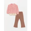 LCW baby Pembe Bisiklet Yaka Pelüş Kız Bebek Sweatshirt ve Tayt Pantolon 2li Takım
