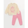 LCW baby Bej Bisiklet Yaka Uzun Kollu Baskılı Kız Bebek Sweatshirt ve Eşofman Alt 2li Takım
